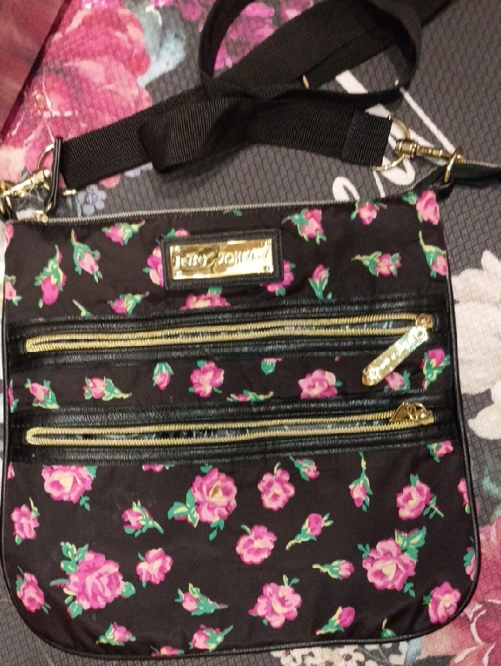 Betsey Johnson Black Crossbody with Pink Floral Print and Gold Hardware